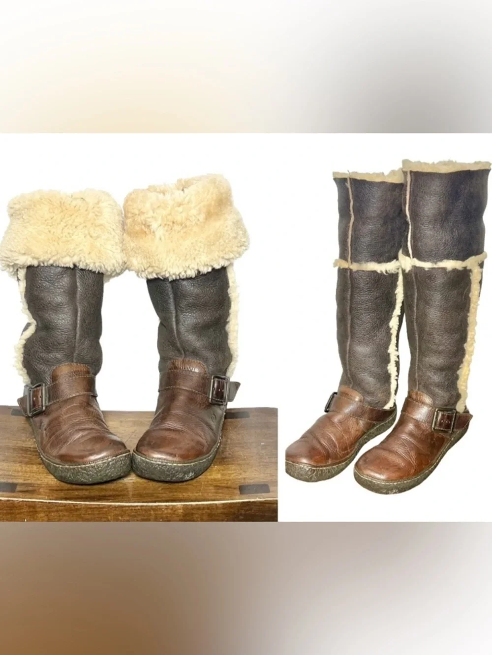 Vintage Born Western Leather Shearling Knee High Boots in Brown & Cream, Size 7